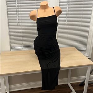 Windsor Black Spaghetti Strap Scrunched up Dress with Side Slits NWT
